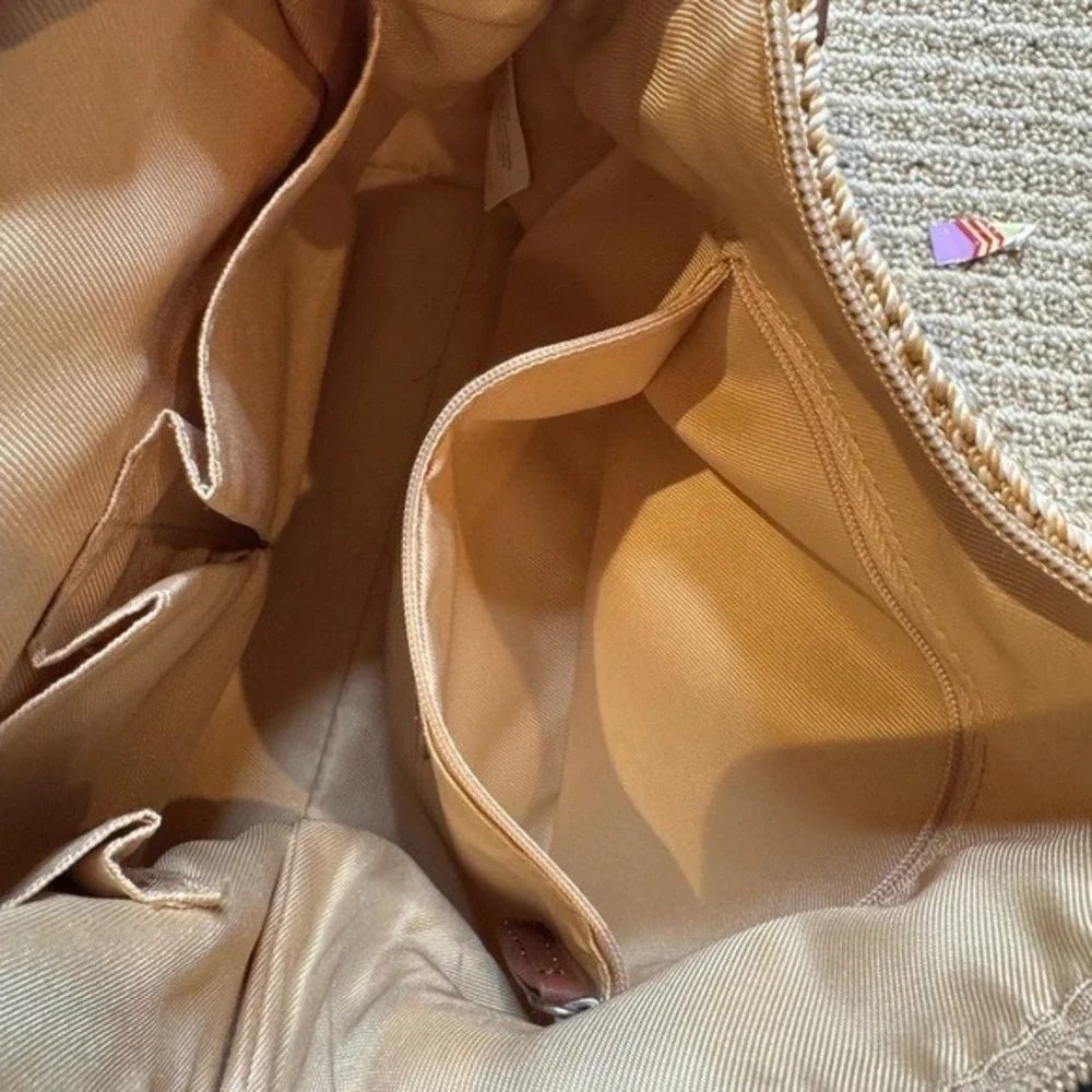 The Sak Crochet Crossbody Bag Tan Brown Leather Trim‎ Tassel Charm